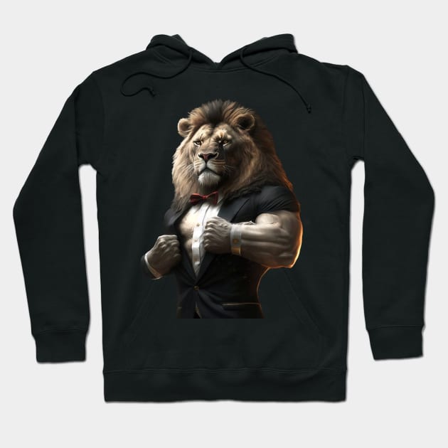 Muscular Lion in Tuxedo Flexing Biceps Hoodie by TheDesignStore